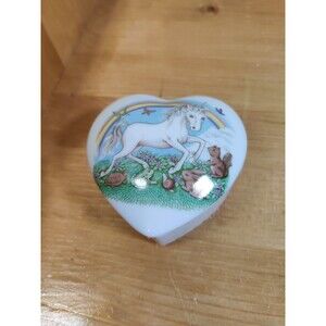 Vtg 1980s Papel Unicorn Rainbow Design Ceramic Heart Trinket Box